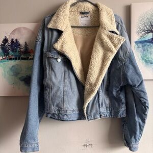 Garage Sherpa-Lined Denim Moto Biker Jacket - Light Wash- Large